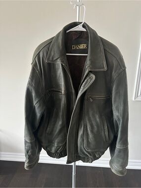 Vintage Danier Men's Greyish Green Leather Bomber Jacket